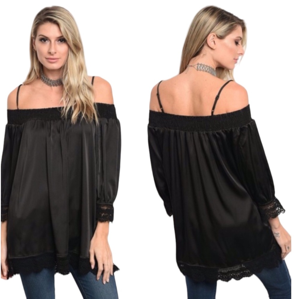 Avec Long Sleeve Black Off Shoulder Satin Top